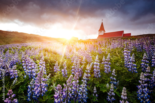 Great view of the church in evening light. Location Vik village, Iceland, Europe.
