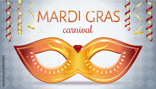 Mardi Gras festival design. Greeting card with golden carnival mask with gems for Carnival celebration Shrove Tuesday also called Mardi Gras. Vector illustration
