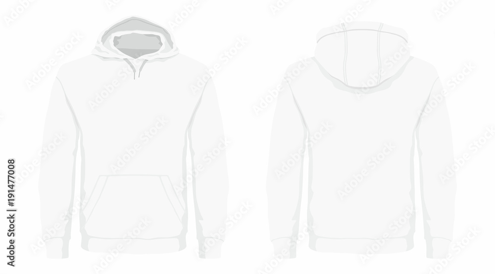 Men's white hoodie. Front and back views on white background Men's white hoodie. Front and back views on white background