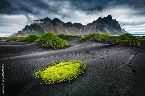 Great wind rippled beach black sand. Location Vestrahorn, Iceland, Europe.