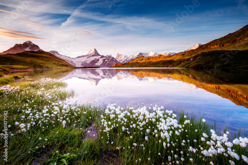 Great view of Bernese range above Bachalpsee lake. Location Swiss alps, Grindelwald valley.