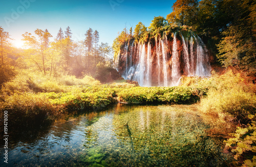 Majestic view on turquoise water and sunny beams. Location Plitvice Lakes National Park, Croatia, Europe.