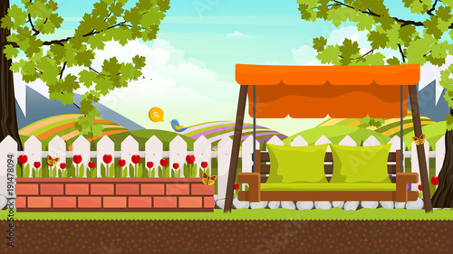 Beautiful vector art flower bed in garden with swing bed. Landscape background.