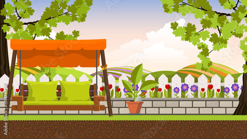 Beautiful vector art flower bed in garden with swing bed. Landscape background.