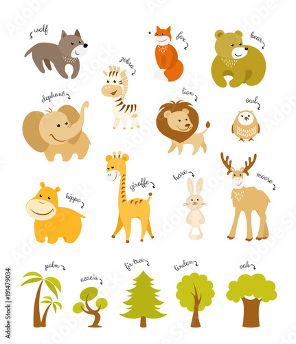 Cute animals vector set. Forest animals and african animals with trees on white background