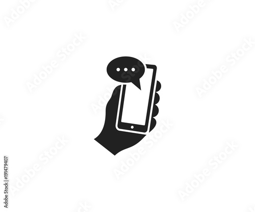 Hand holds a smartphone and a text message logo template. Communicating with a friend by a mobile phone vector design. Talking on the phone illustration