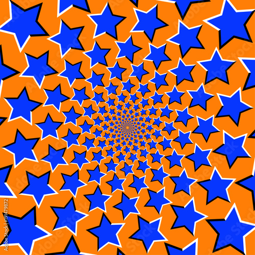 Star spiral optical illusion. Blue stars moving on an orange background