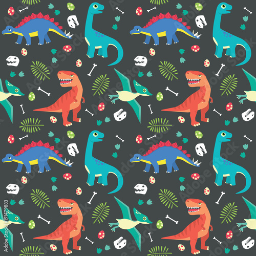 Baby Dinosaur Seamless Pattern Colorful Vector Illustration Dark Background
