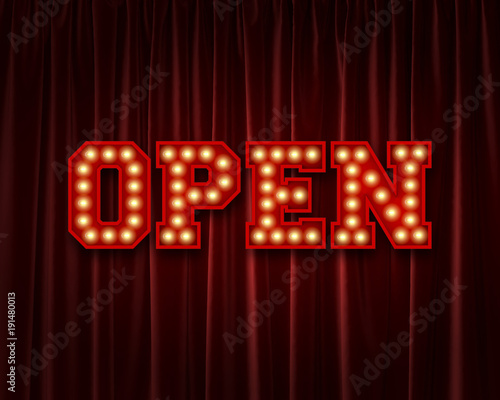 Open lightbulb lettering word against a red theatre curtain. 3D Rendering