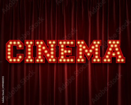 Cinema lightbulb lettering word against a red theatre curtain. 3D Rendering