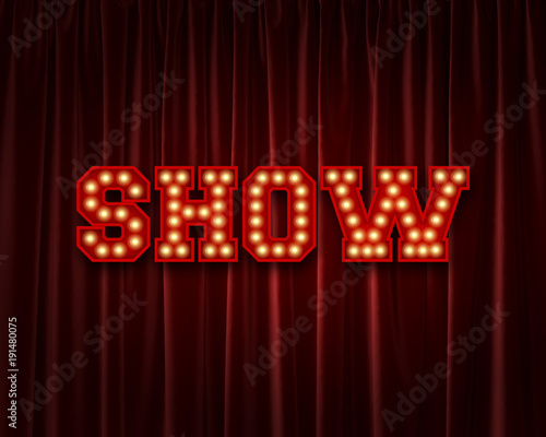 Show lightbulb lettering word against a red theatre curtain. 3D Rendering