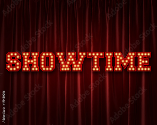 Showtime lightbulb lettering word against a red theatre curtain. 3D Rendering