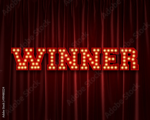 Winner lightbulb lettering word against a red theatre curtain. 3D Rendering