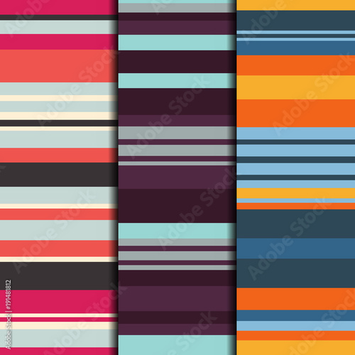 Set of 3 seamless patterns striped design. Retro textile prints with random colored stripes. Vector fashion backgrounds.