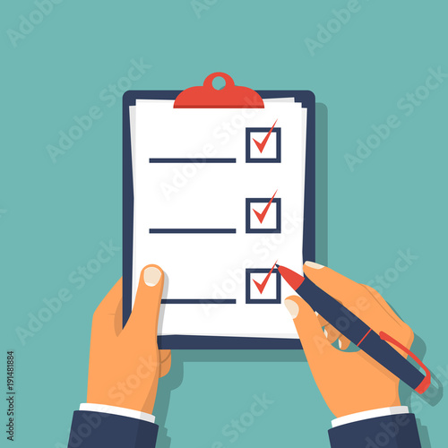 Checklist clipboard. Human holding checklist and pencil. Questionnaire, survey, task list. Vector illustration flat design. Isolated on white background. Filling out forms, planning.