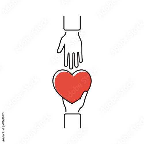 Give heart, minimal line design. Vector illustration flat style. Holding red heart in hands. Isolated on white background. Symbol of charity, love, sincerity.