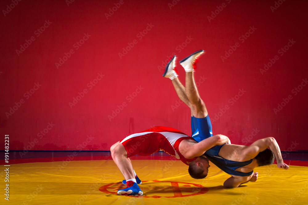 Two  strong men in blue and red wrestling tights are wrestlng and making a suplex wrestling on a yellow wrestling carpet in the gym. Wrestlers doing grapple. - obrazy, fototapety, plakaty 