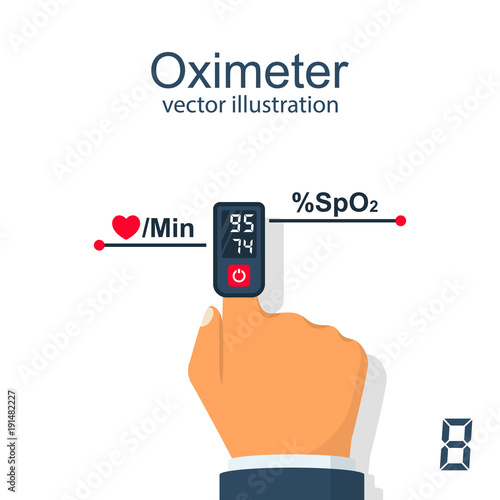 Oximeter on finger. Measurement of pulse and saturation of blood with oxygen. Medical equipment, cardio test. Healthcare concept. Vector illustration flat design. Monitoring health.