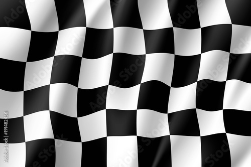 Flag auto racing, waving realistic banner. Symbol of start and finish of race cars on route. Vector illustration of chess canvas
