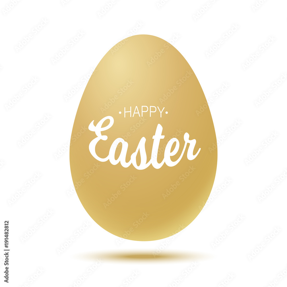 Happy Easter typographic calligraphic lettering with gold realistic egg frame isolated on white background. Retro holiday easter badge. Religious holiday sign. Vector illustration Happy Easter typographic calligraphic lettering with gold realistic egg frame isolated on white background. Retro holiday easter badge. Religious holiday sign. Vector illustration