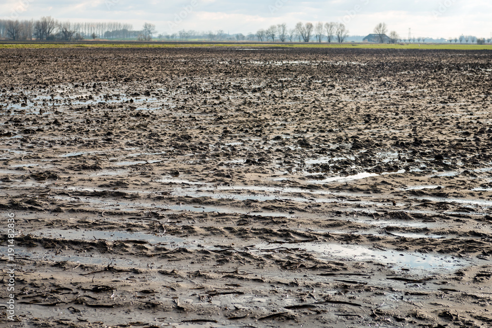 Wet clay field with puddles of water due to rain