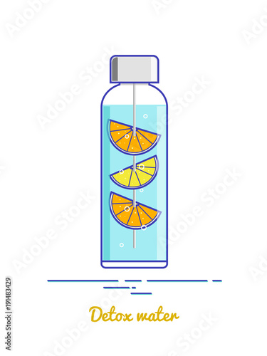 Glass or plastic bottle with lemon and orange pieces. Detox water. 