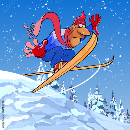cartoon male skier flies from a snowy mountain