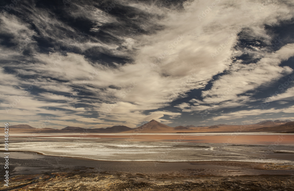 Great view over the red lagoon nearby the uyuni desert
