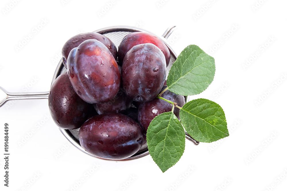 Steel colander with ripe plums isolated on a white background.. Steel colander with ripe plums isolated on a white background..