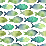 Watercolor seamless pattern of simple silhouette green and blue fishes