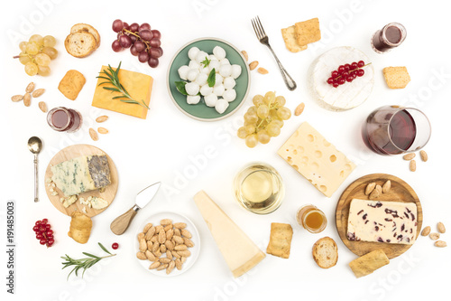 Selection of cheeses on white with place for text