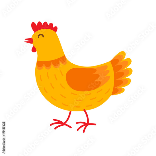 Funny hen cartoon character vector flat illustration. Hen in flat design isolated on white background.