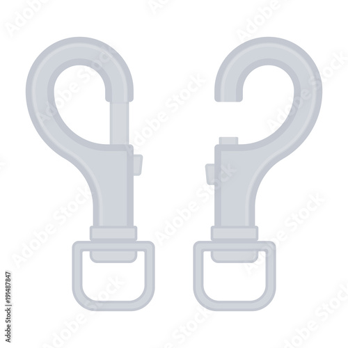 Vector illustration of safety carabiner clip isolated on white background. Carbine clip, open and closed in flat style. Dog leash fastener.
