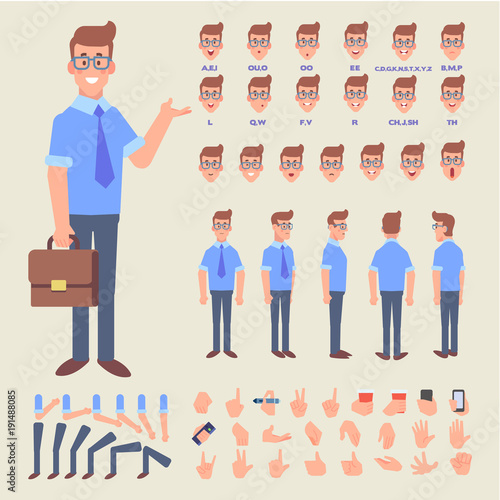  Front, side, back view animated character. Business man character creation set with various views, hairstyles, face emotions, poses and gestures. Cartoon style, flat vector illustration.