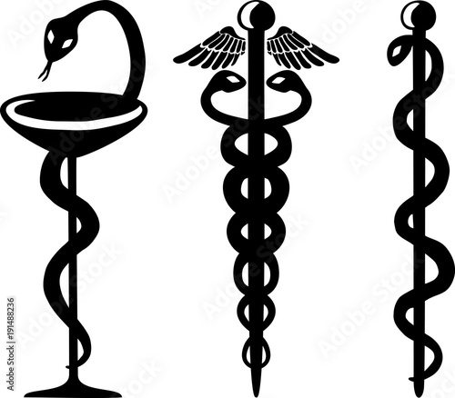 Snake and cup, caduceus and staff of Asclepius - medical symbols