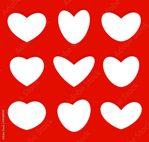 Hearts shapes icons collection, love symbols set vector illustration. Saint Valintines Day isolated abstract red color pattern. Like icon set. photo