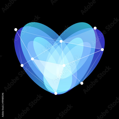 Blue abstract glass heart symbol with lines web and dots on black background, unusual isolated vector logo. Unconventional love sign on black background.