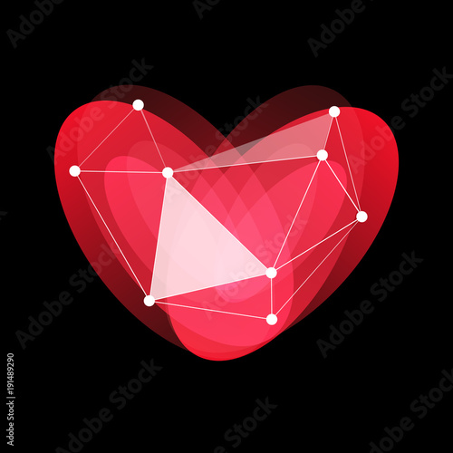 Happy Valentines Day logo, red, glass, porcelain heart, love holidays, greeting internet card, vector illustration on black background.