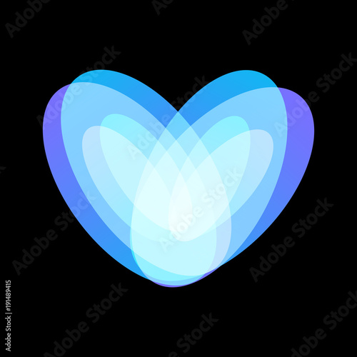 Blue abstract heart symbol on black background, unusual isolated vector logo. Unconventional love icon on black background.
