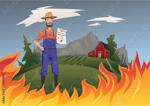 Farmer's insurance concept, vector illustration. Fire on the farm. A calm farmer standing and holding the insurance policy in his hand. Home and household fire insurance.