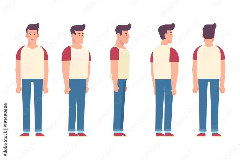 Young man for animation. Front, side, back, 3/4 view character. Separate  parts of body. Cartoon style, flat vector illustration. Stock Vector |  Adobe Stock