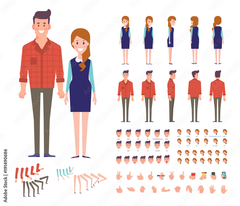 Front, side, back view animated characters. Young Man and woman