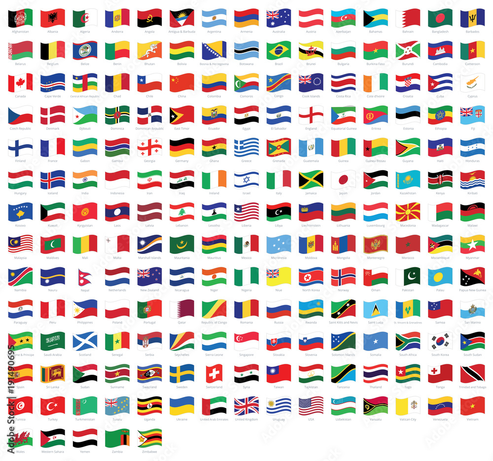 Obraz premium All national waving flags from all over the world with names - high quality vector flag isolated on white background