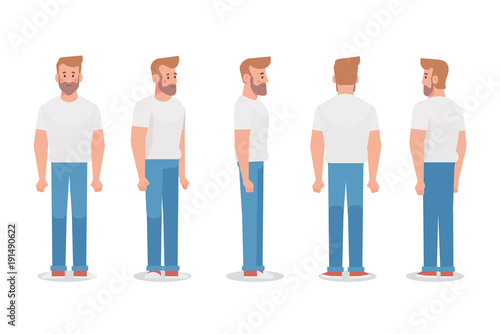 Young man for animation. Front, side, back, 3/4 view character. Separate parts of body. Cartoon style, flat vector illustration.