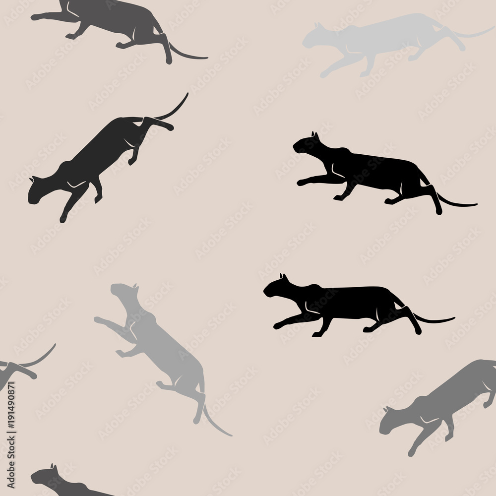 Seamless pattern with black and grey cats on a light background. Vector illustration.