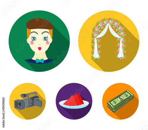 The arch is decorated with roses and silk, a clown in a cap, a plate with red napkins, a video camera. Event services set collection icons in flat style vector symbol stock illustration web.
