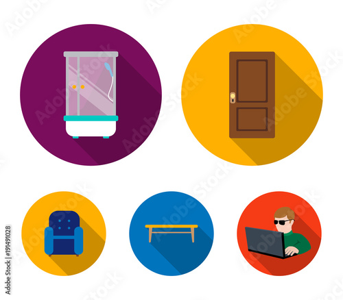 Door, shower, coffee table, armchair.Furniture set collection icons in flat style vector symbol stock illustration web.