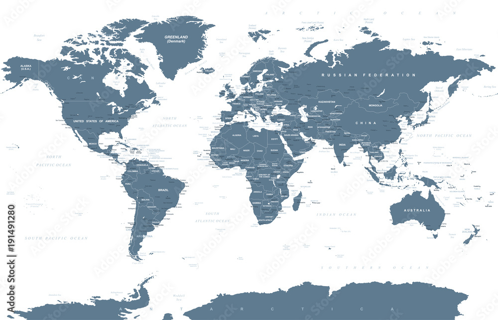 Obraz premium Political Grayscale World Map Vector