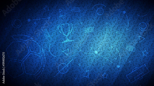 Stampa su tela Blue soccer background with different icons and football players pattern