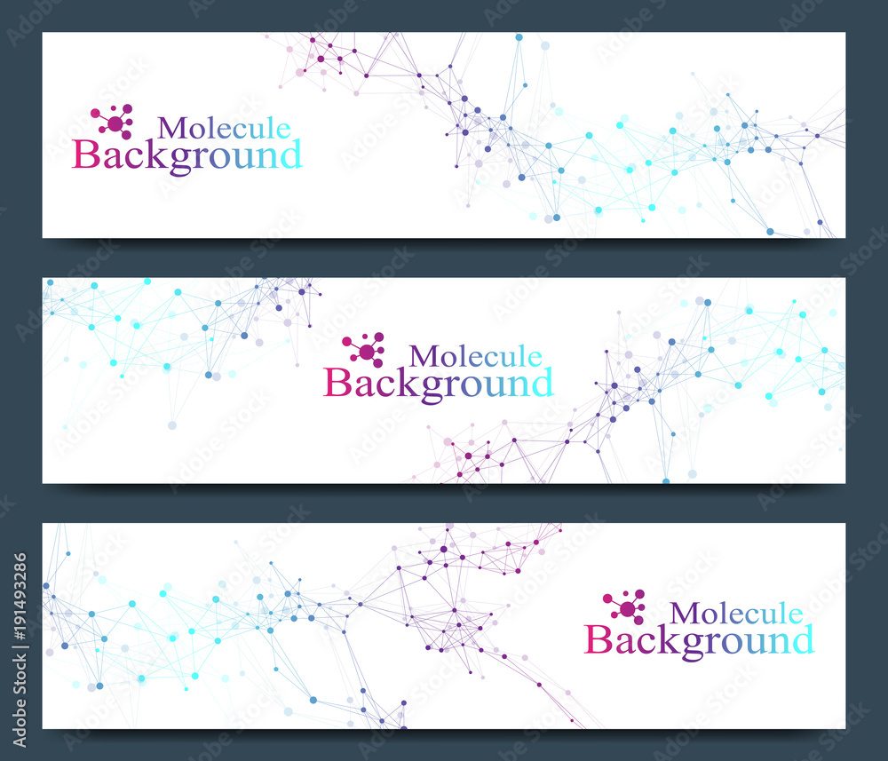 Modern set of vector banners. Molecule DNA and communication background for medicine, science, technology, chemistry. Cybernetic dots. Lines plexus
